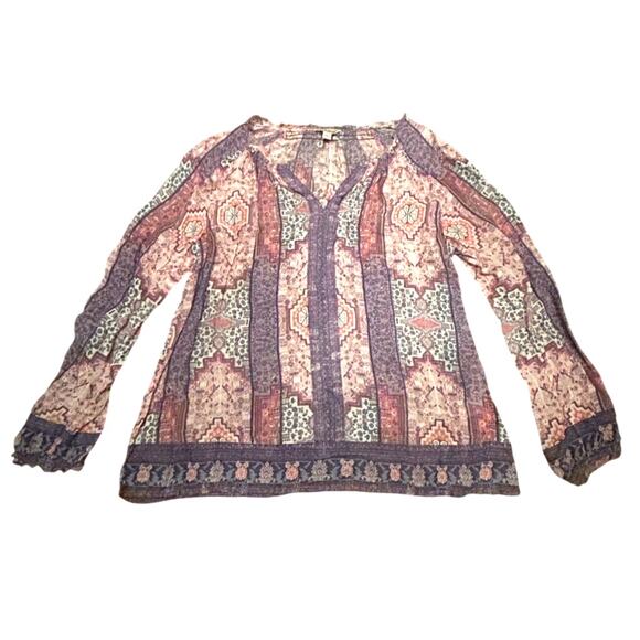 Lucky Brand Lilac Pattern Boho Viscose Blouse Frayed Hemline Women's Size‎ Large - Picture 1 of 6